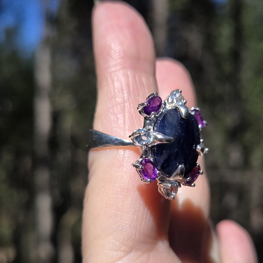 Deep blue sapphire 10k amethyst & Topaz sterling ring sz7 - Picture 3 of 11